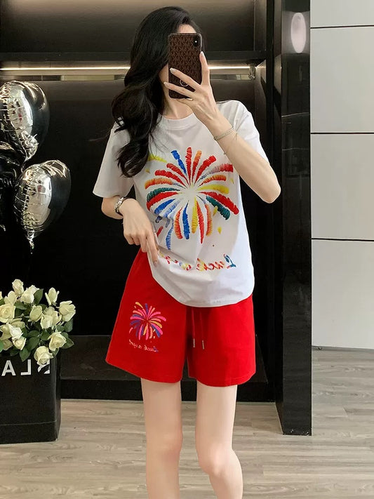 Fresh and youthful fashionable printed short-sleeved suit for women summer leisure sports shorts two-piece loose trendy running