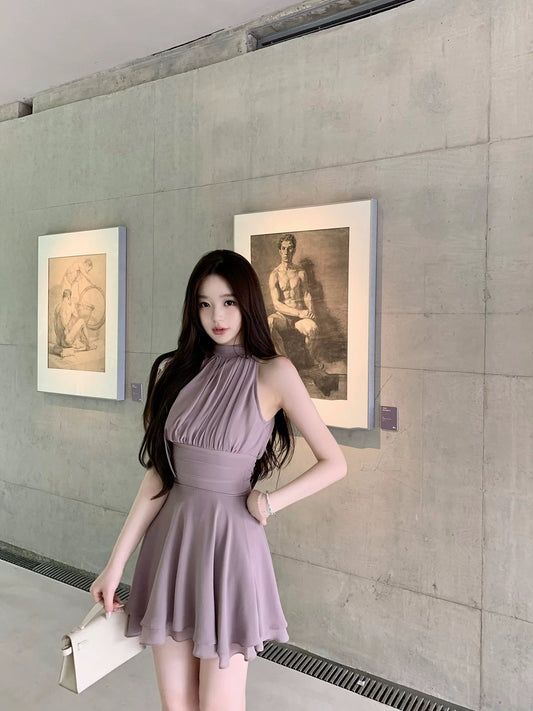 Hotdog is hot! [Romantic Purple Island] High-end elegant purple off-shoulder tie-up dress