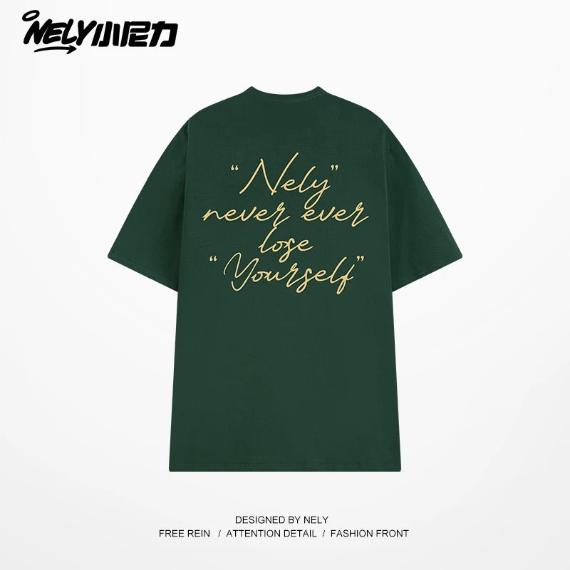 NELY Xiao Nili 2025 summer new graffiti hand-painted letters American short-sleeved T-shirt men and women loose half-sleeved tee
