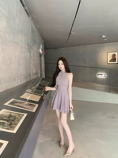 Hotdog is hot! [Romantic Purple Island] High-end elegant purple off-shoulder tie-up dress