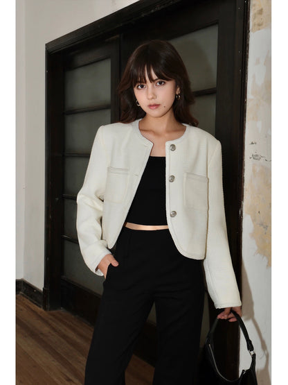 NEVA HU black French short style jacket for women autumn loose 2024 new temperament and high-end top