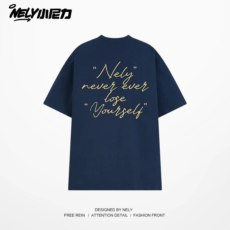 NELY Xiao Nili 2025 summer new graffiti hand-painted letters American short-sleeved T-shirt men and women loose half-sleeved tee