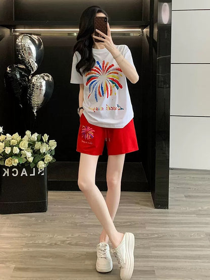 Fresh and youthful fashionable printed short-sleeved suit for women summer leisure sports shorts two-piece loose trendy running