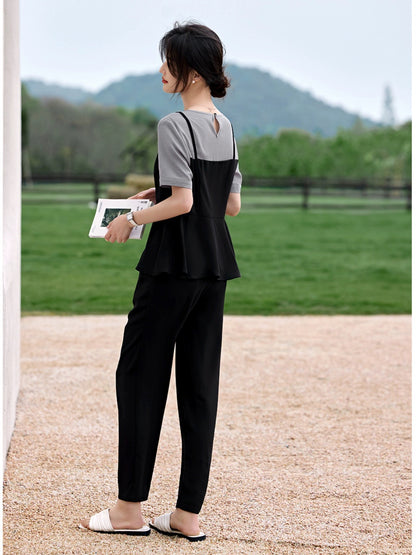 XWI/Xinwei fashion casual suit women's summer contrasting color splicing design short-sleeved T-shirt tapered pants two-piece set
