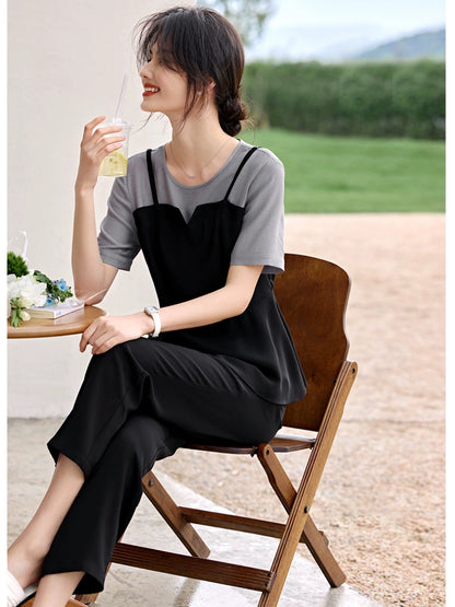 XWI/Xinwei fashion casual suit women's summer contrasting color splicing design short-sleeved T-shirt tapered pants two-piece set