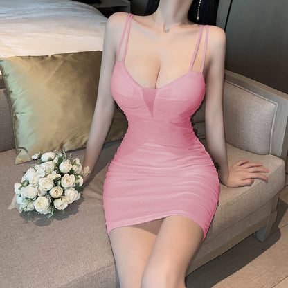 Pure desire sexy low-cut suspender dress female 2025 new night club hot girl disco elastic hip-wrapped ultra-short skirt