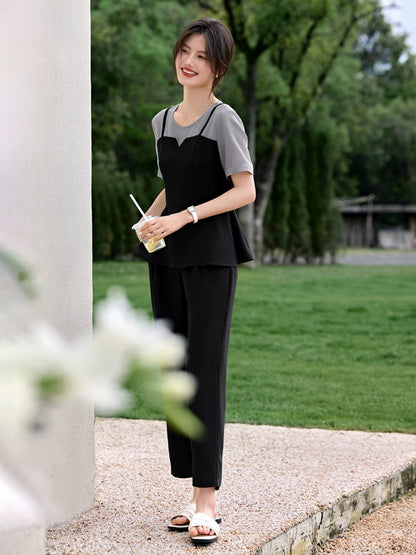 XWI/Xinwei fashion casual suit women's summer contrasting color splicing design short-sleeved T-shirt tapered pants two-piece set