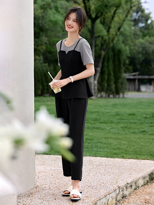 XWI/Xinwei fashion casual suit women's summer contrasting color splicing design short-sleeved T-shirt tapered pants two-piece set