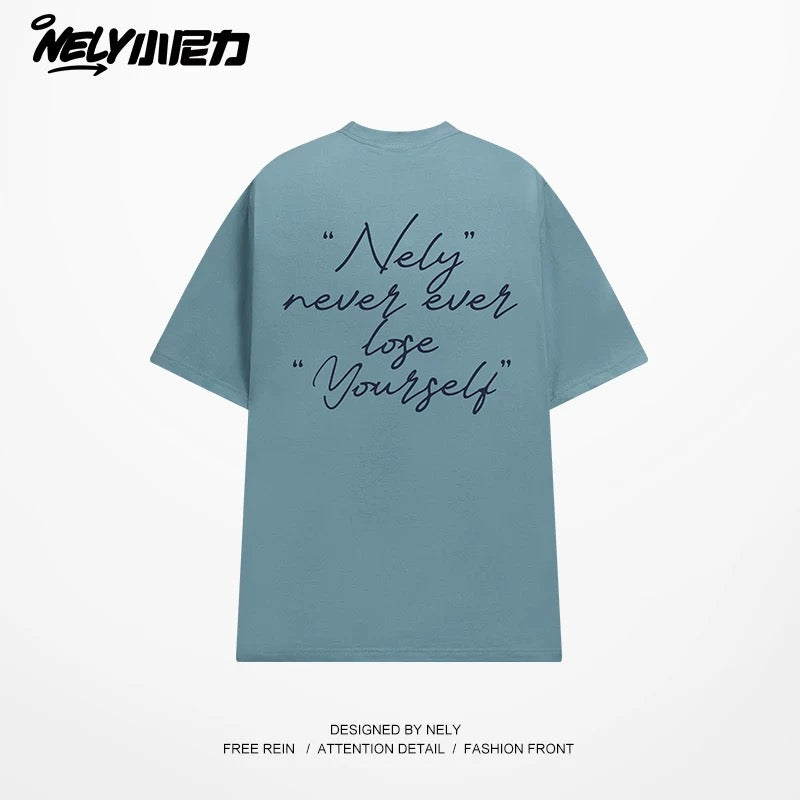 NELY Xiao Nili 2025 summer new graffiti hand-painted letters American short-sleeved T-shirt men and women loose half-sleeved tee