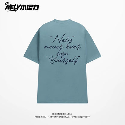 NELY Xiao Nili 2025 summer new graffiti hand-painted letters American short-sleeved T-shirt men and women loose half-sleeved tee