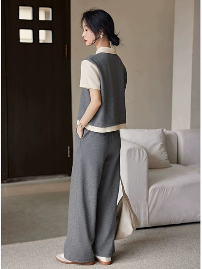 XWI/Xinwei gray fashion suit women's summer loose and slim POLO collar short-sleeved T-shirt casual pants two-piece set