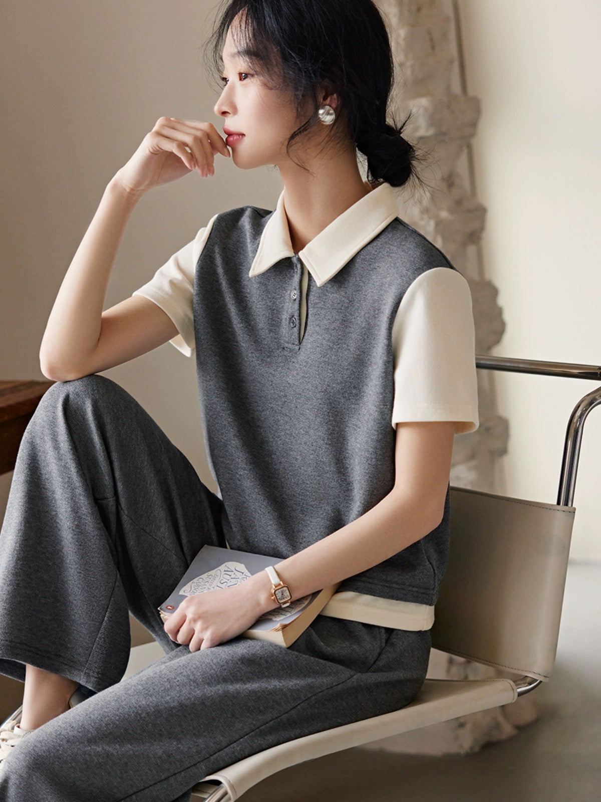 XWI/Xinwei gray fashion suit women's summer loose and slim POLO collar short-sleeved T-shirt casual pants two-piece set