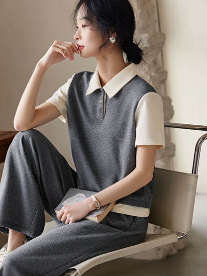 XWI/Xinwei gray fashion suit women's summer loose and slim POLO collar short-sleeved T-shirt casual pants two-piece set