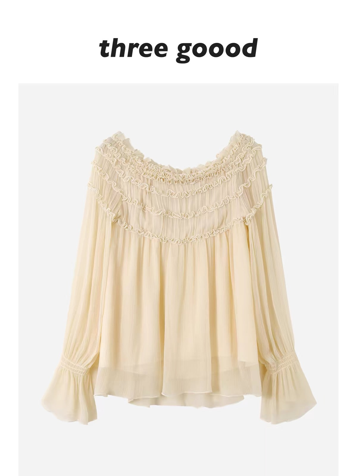 THREE GOOOD Off-Shoulder Top with Layered Lettuce-Edge Ruffles and Flared Sleeves – A Soft, Feminine Style