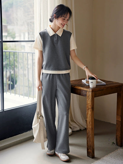 XWI/Xinwei gray fashion suit women's summer loose and slim POLO collar short-sleeved T-shirt casual pants two-piece set
