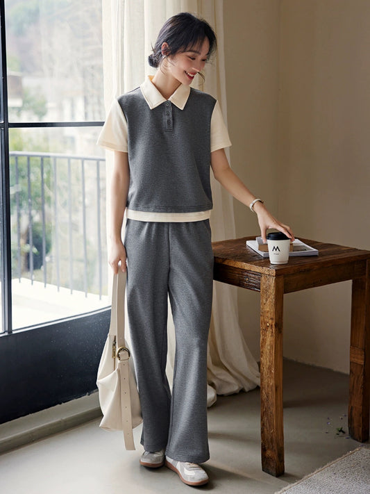XWI/Xinwei gray fashion suit women's summer loose and slim POLO collar short-sleeved T-shirt casual pants two-piece set