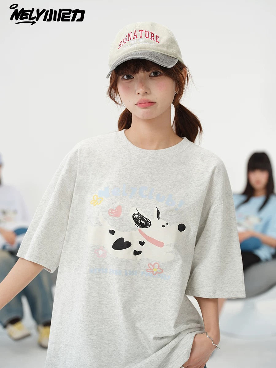 NELY Little Nelly 2025 summer new spotted dog print short-sleeved T-shirt for men and women heavyweight T-shirt loose half-sleeve