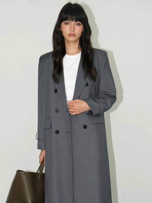 NEVA HU gray mid-length blazer women's autumn Korean version new high-end loose temperament windbreaker coat