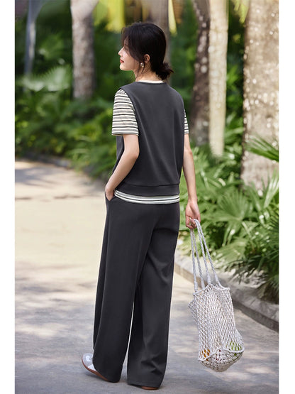 XWI/Xinwei casual style fashion suit women's summer vest vest striped T short-sleeved shirt wide-leg pants three-piece set
