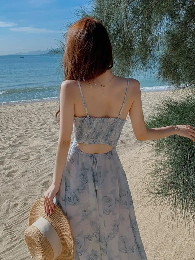 Pure texture high-end tea break French niche floral sling dress fairy summer oil painting seaside holiday long dress