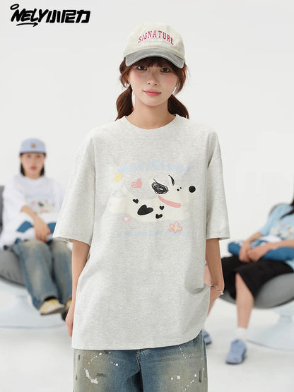 NELY Little Nelly 2025 summer new spotted dog print short-sleeved T-shirt for men and women heavyweight T-shirt loose half-sleeve