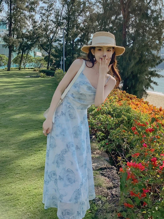 Pure texture high-end tea break French niche floral sling dress fairy summer oil painting seaside holiday long dress