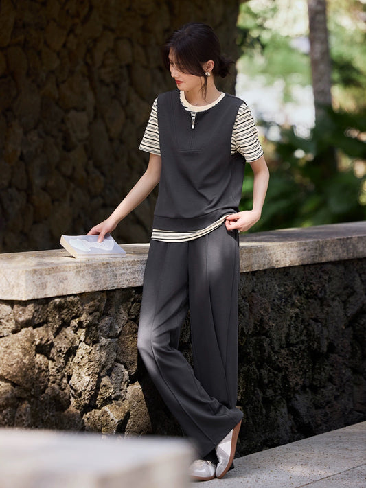 XWI/Xinwei casual style fashion suit women's summer vest vest striped T short-sleeved shirt wide-leg pants three-piece set