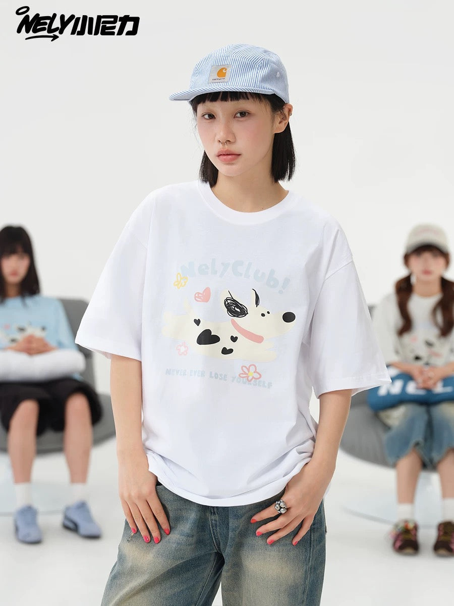 NELY Little Nelly 2025 summer new spotted dog print short-sleeved T-shirt for men and women heavyweight T-shirt loose half-sleeve