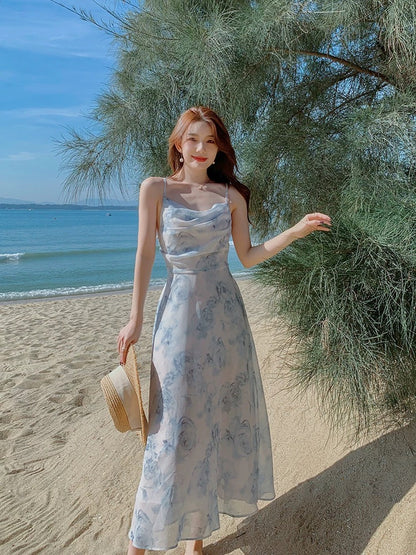 Pure texture high-end tea break French niche floral sling dress fairy summer oil painting seaside holiday long dress