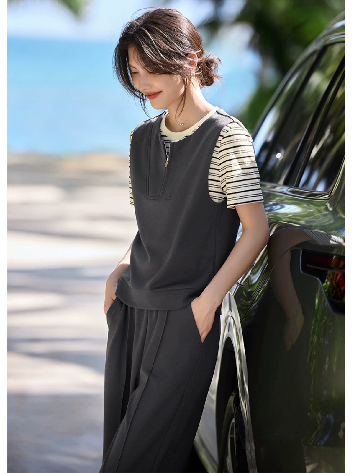 XWI/Xinwei casual style fashion suit women's summer vest vest striped T short-sleeved shirt wide-leg pants three-piece set