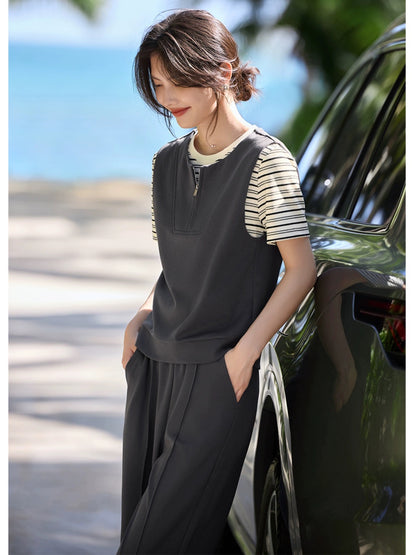 XWI/Xinwei casual style fashion suit women's summer vest vest striped T short-sleeved shirt wide-leg pants three-piece set