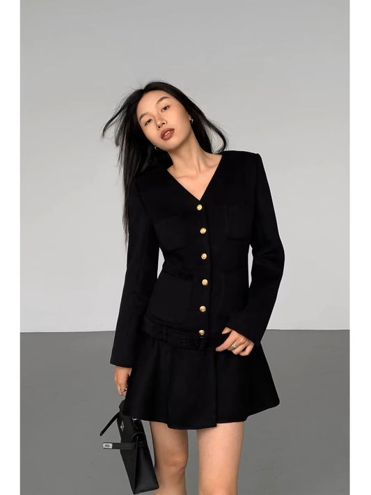 NEVA HU black V-neck woolen small fragrant dress for women, high-end, slim and elegant pleated skirt, short style