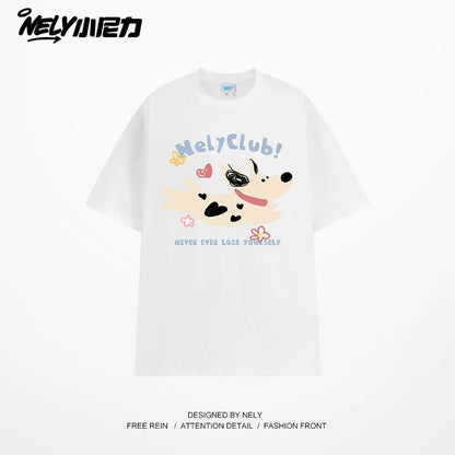 NELY Little Nelly 2025 summer new spotted dog print short-sleeved T-shirt for men and women heavyweight T-shirt loose half-sleeve