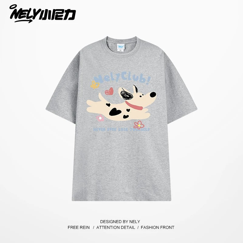 NELY Little Nelly 2025 summer new spotted dog print short-sleeved T-shirt for men and women heavyweight T-shirt loose half-sleeve
