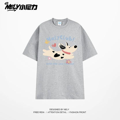 NELY Little Nelly 2025 summer new spotted dog print short-sleeved T-shirt for men and women heavyweight T-shirt loose half-sleeve