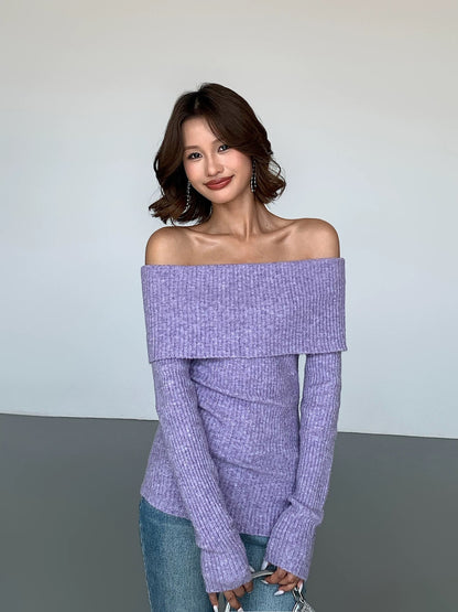 ousph off-white one-shoulder long-sleeved woolen sweater for women autumn and winter new style slim temperament high-end design top