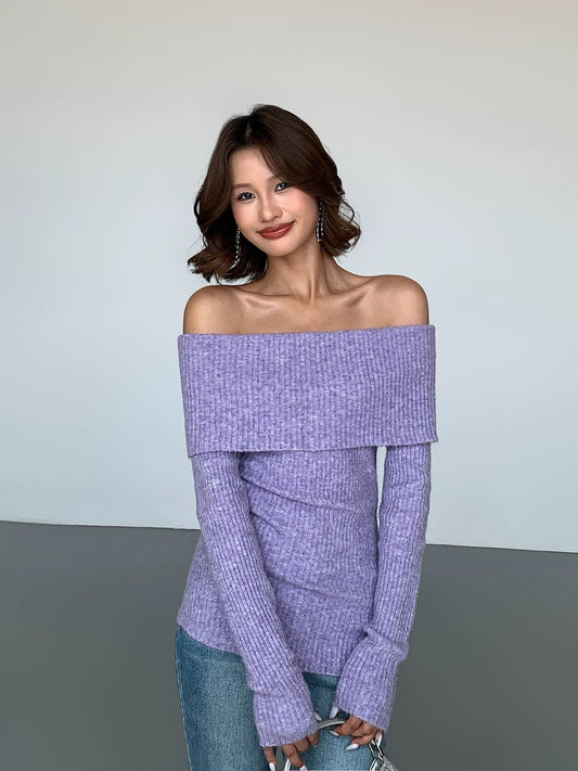 ousph off-white one-shoulder long-sleeved woolen sweater for women autumn and winter new style slim temperament high-end design top