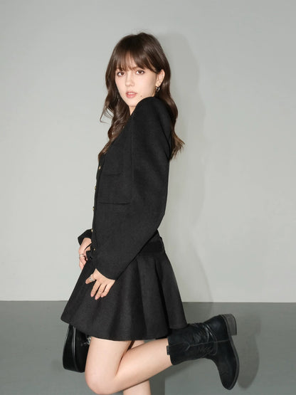 NEVA HU black V-neck woolen small fragrant dress for women, high-end, slim and elegant pleated skirt, short style