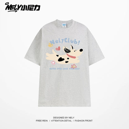 NELY Little Nelly 2025 summer new spotted dog print short-sleeved T-shirt for men and women heavyweight T-shirt loose half-sleeve