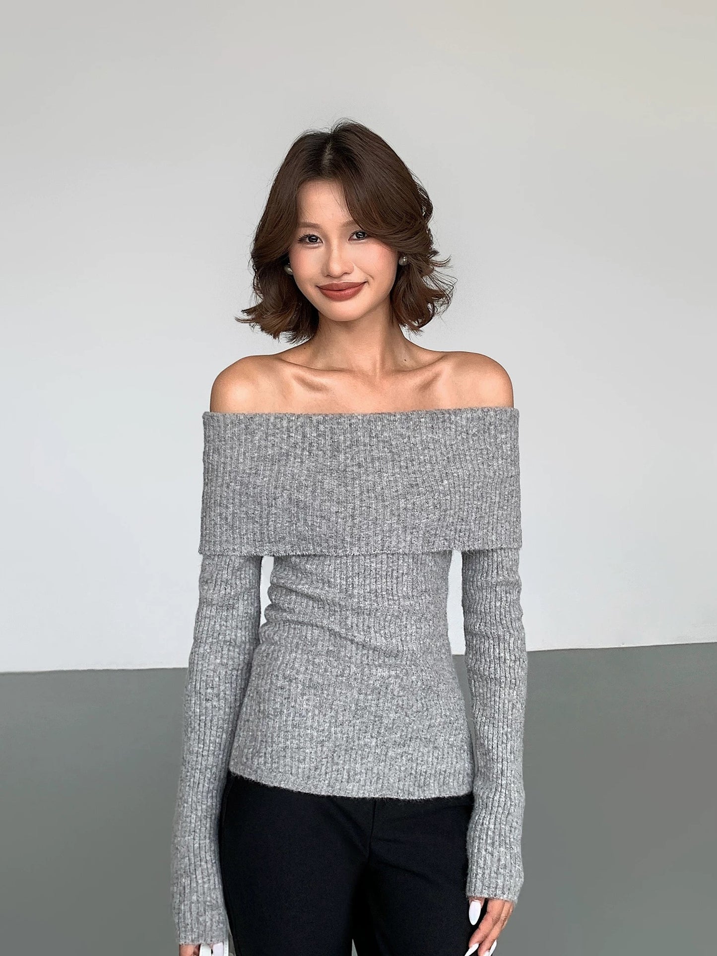 ousph off-white one-shoulder long-sleeved woolen sweater for women autumn and winter new style slim temperament high-end design top
