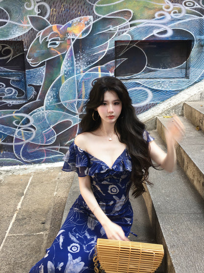 Flower Yuan [January 28th, 6 PM] Retro Oil Painting Style Art Print Ruffled V-Neck Slim Waist Dress