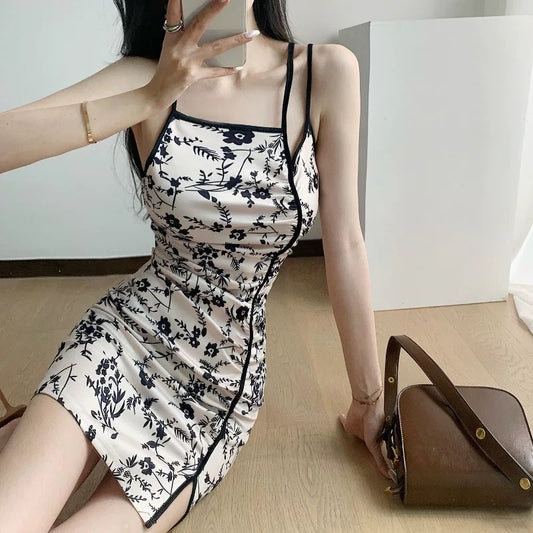 High-grade French sexy improved cheongsam skirt female summer new small size slim hip suspender dress
