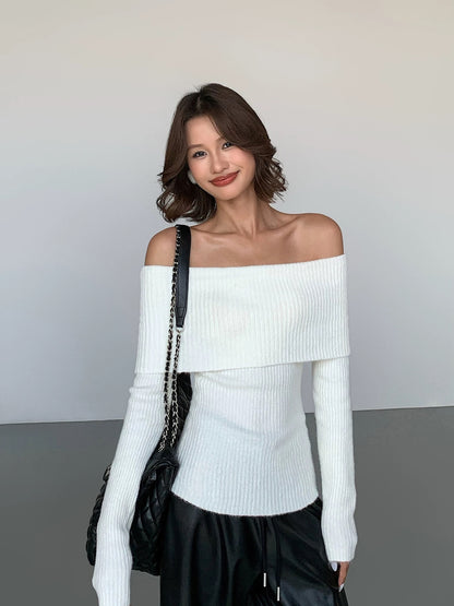 ousph off-white one-shoulder long-sleeved woolen sweater for women autumn and winter new style slim temperament high-end design top