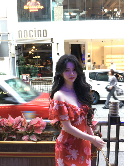 Flower Yuan [January 28th, 6 PM] Retro Oil Painting Style Art Print Ruffled V-Neck Slim Waist Dress