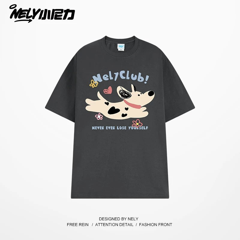 NELY Little Nelly 2025 summer new spotted dog print short-sleeved T-shirt for men and women heavyweight T-shirt loose half-sleeve