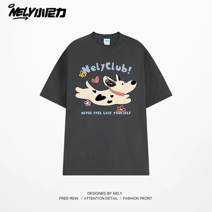 NELY Little Nelly 2025 summer new spotted dog print short-sleeved T-shirt for men and women heavyweight T-shirt loose half-sleeve