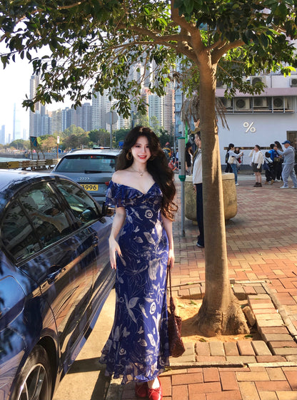 Flower Yuan [January 28th, 6 PM] Retro Oil Painting Style Art Print Ruffled V-Neck Slim Waist Dress