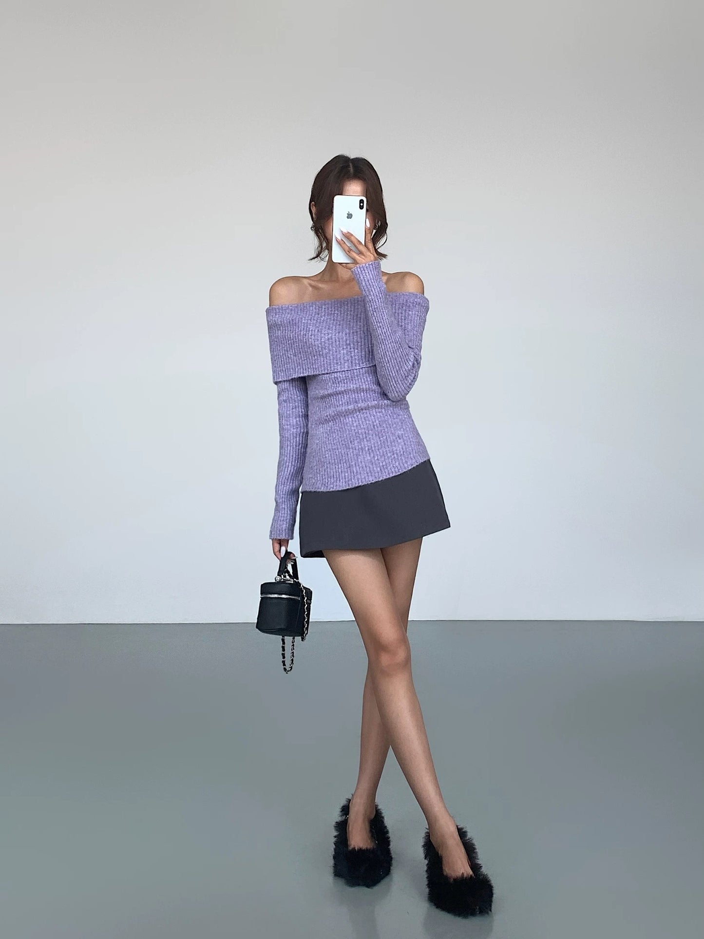 ousph off-white one-shoulder long-sleeved woolen sweater for women autumn and winter new style slim temperament high-end design top