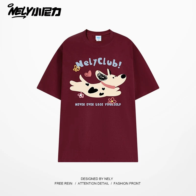 NELY Little Nelly 2025 summer new spotted dog print short-sleeved T-shirt for men and women heavyweight T-shirt loose half-sleeve