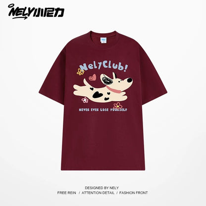 NELY Little Nelly 2025 summer new spotted dog print short-sleeved T-shirt for men and women heavyweight T-shirt loose half-sleeve